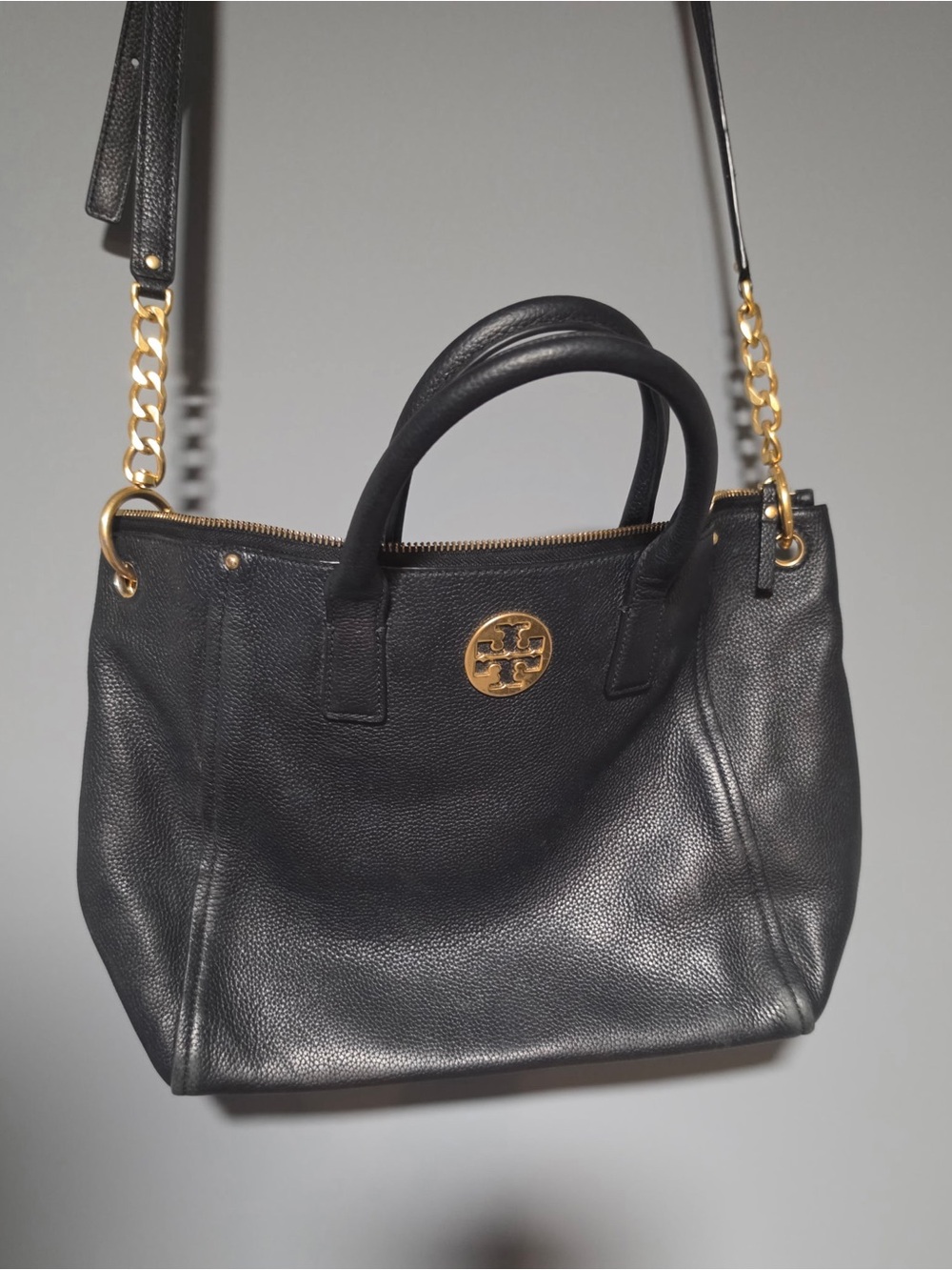 Tory Burch Black Pebbled Leather Tote with Gold Logo and Chain Strap